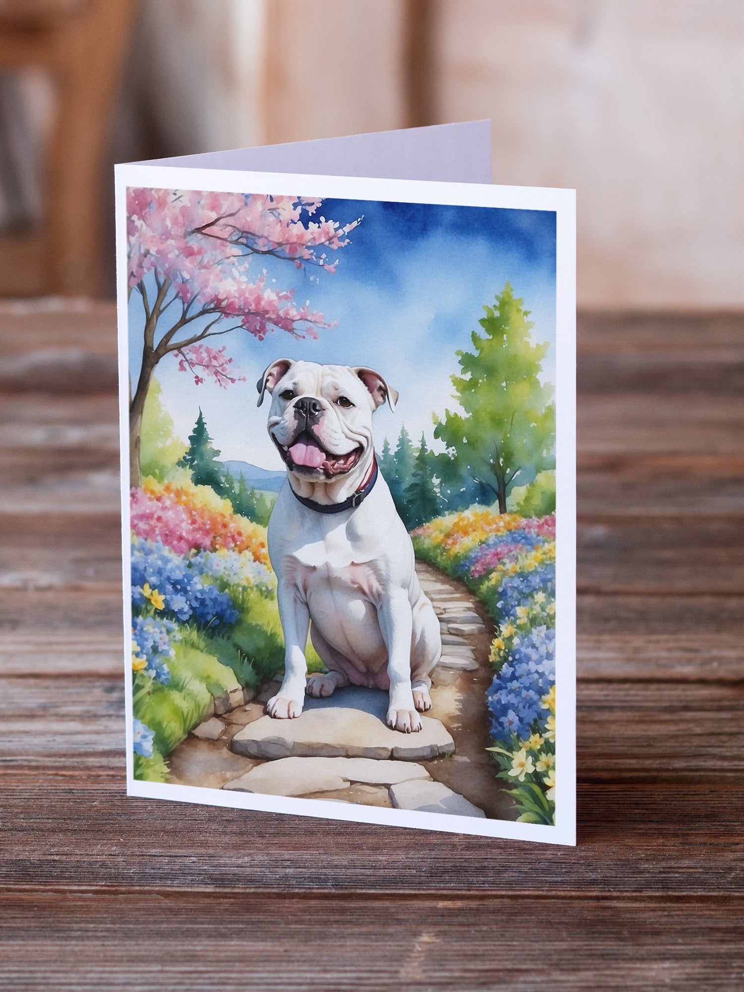 American Bulldog Spring Garden Greeting Cards Pack of 8 Blank Cards with Envelopes Whimsical A7 Size 5x7