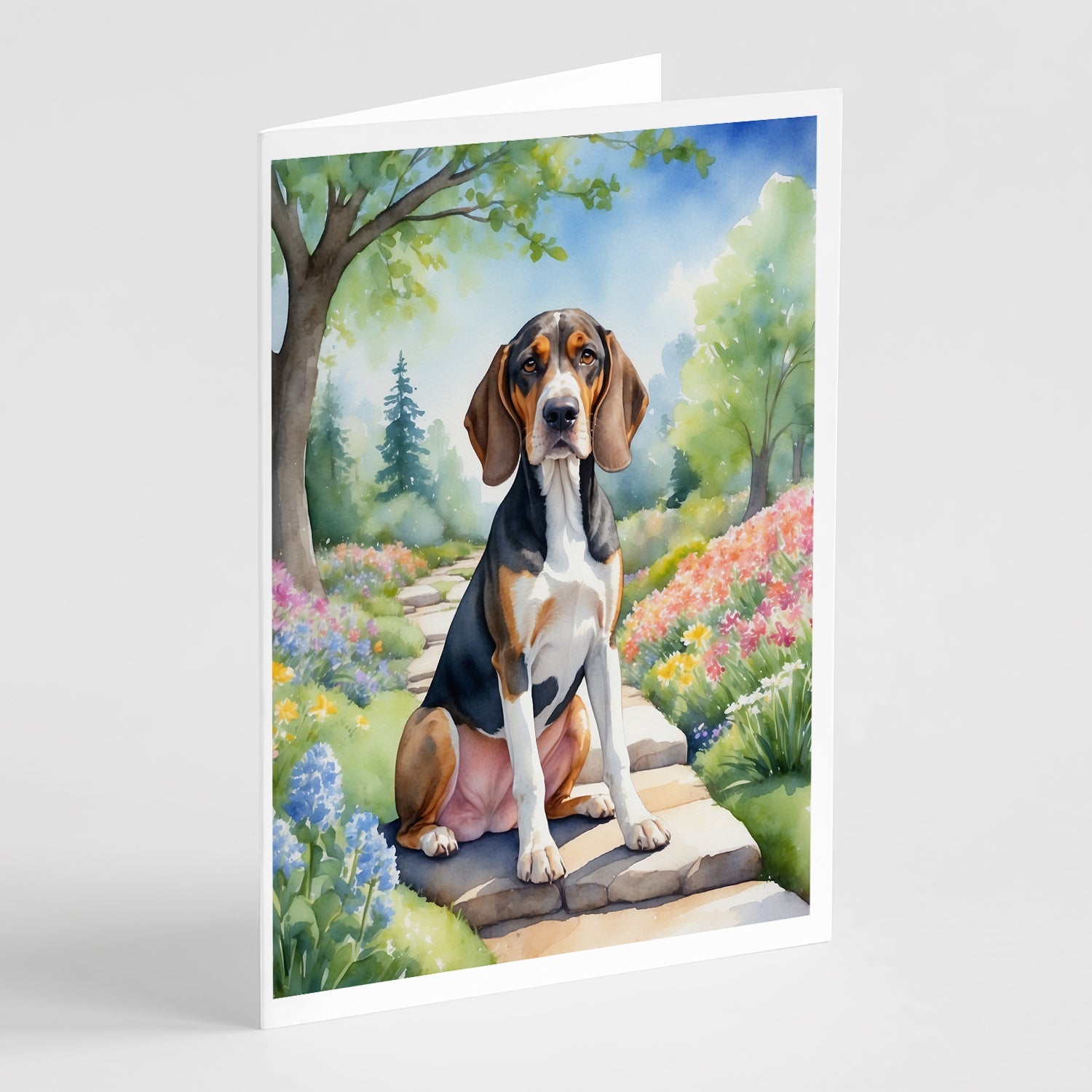 American English Coonhound Spring Garden Greeting Cards Pack of 8 Blank Cards with Envelopes Whimsical A7 Size 5x7