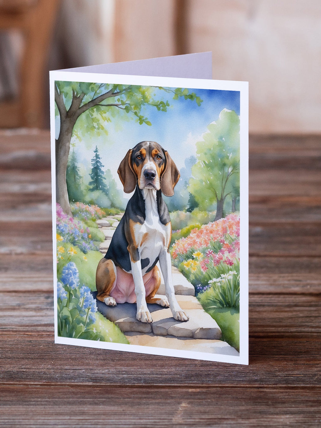 American English Coonhound Spring Garden Greeting Cards Pack of 8 Blank Cards with Envelopes Whimsical A7 Size 5x7