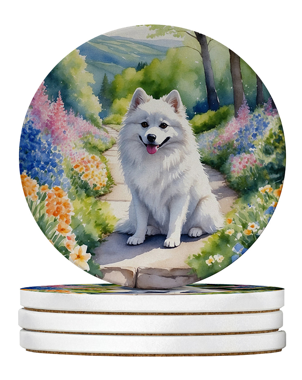 American Eskimo Spring Garden Large Sandstone Coasters Pack of 4 Absorbent Round Coasters Decor Gifts for Men or Women, 4 in, Multicolor