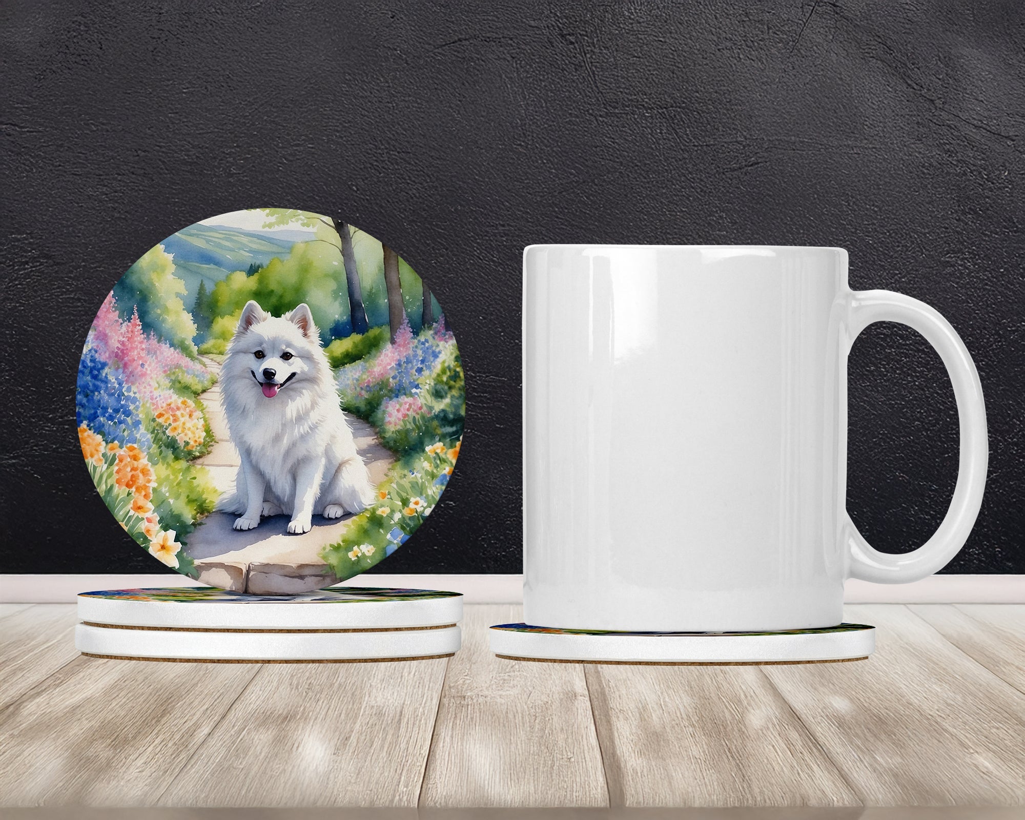 American Eskimo Spring Garden Large Sandstone Coasters Pack of 4 Absorbent Round Coasters Decor Gifts for Men or Women, 4 in, Multicolor