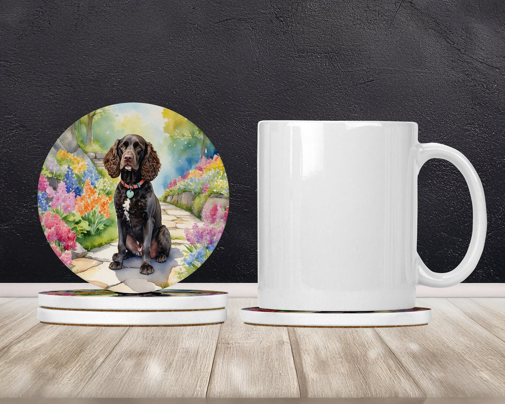American Water Spaniel Spring Garden Large Sandstone Coasters Pack of 4 Absorbent Round Coasters Decor Gifts for Men or Women, 4 in, Multicolor