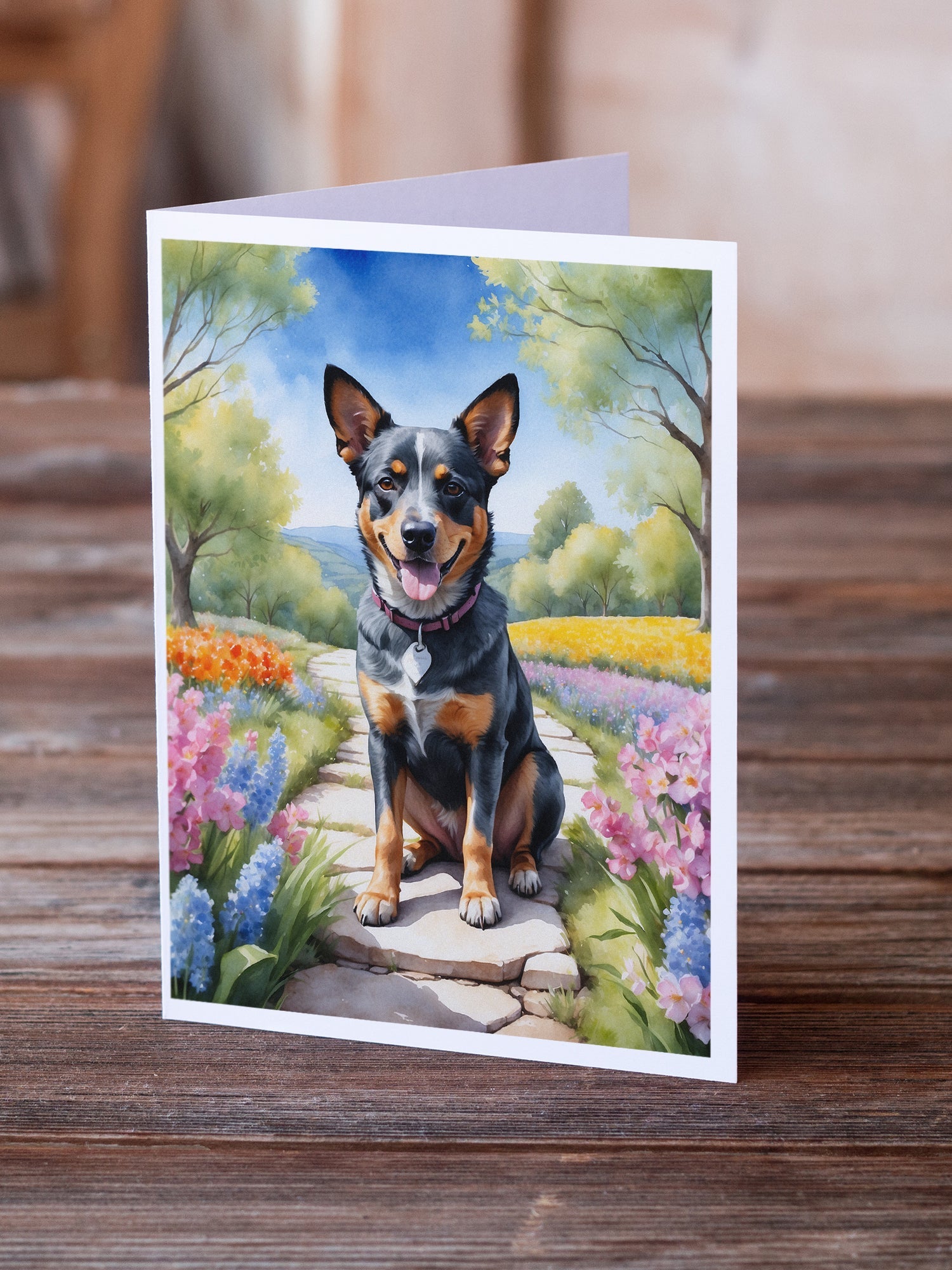 Australian Cattle Dog Spring Garden Greeting Cards Pack of 8 Blank Cards with Envelopes Whimsical A7 Size 5x7