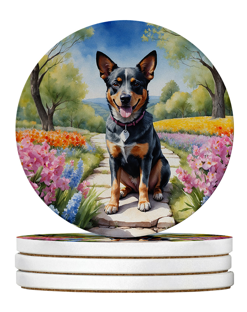 Australian Cattle Dog Spring Garden Large Sandstone Coasters Pack of 4 Absorbent Round Coasters Decor Gifts for Men or Women, 4 in, Multicolor