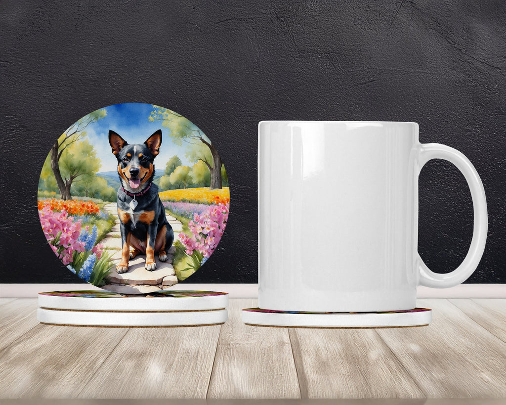 Australian Cattle Dog Spring Garden Large Sandstone Coasters Pack of 4 Absorbent Round Coasters Decor Gifts for Men or Women, 4 in, Multicolor