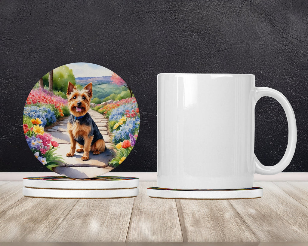 Australian Terrier Spring Garden Large Sandstone Coasters Pack of 4 Absorbent Round Coasters Decor Gifts for Men or Women, 4 in, Multicolor
