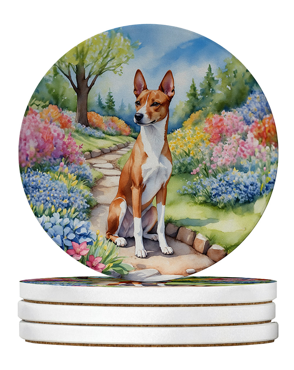 Basenji Spring Garden Large Sandstone Coasters Pack of 4 Absorbent Round Coasters Decor Gifts for Men or Women, 4 in, Multicolor