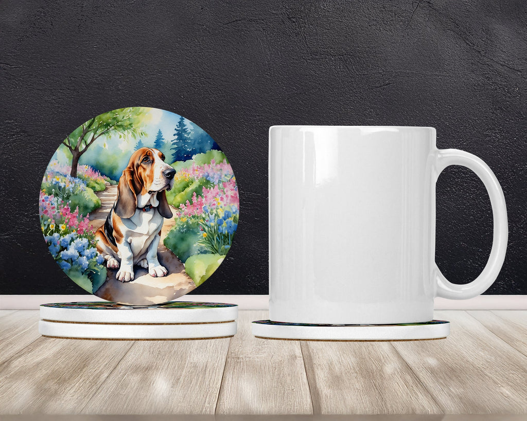 Basset Hound Spring Garden Large Sandstone Coasters Pack of 4 Absorbent Round Coasters Decor Gifts for Men or Women, 4 in, Multicolor
