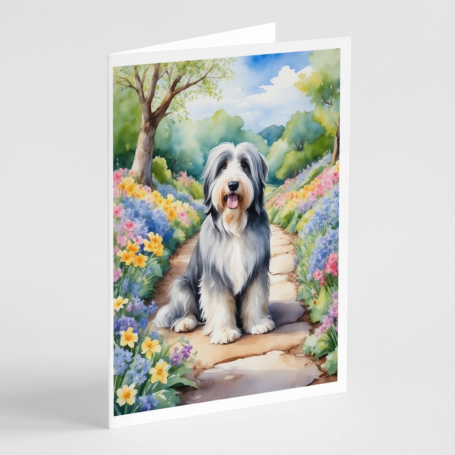 Bearded Collie Spring Garden Greeting Cards Pack of 8 Blank Cards with Envelopes Whimsical A7 Size 5x7