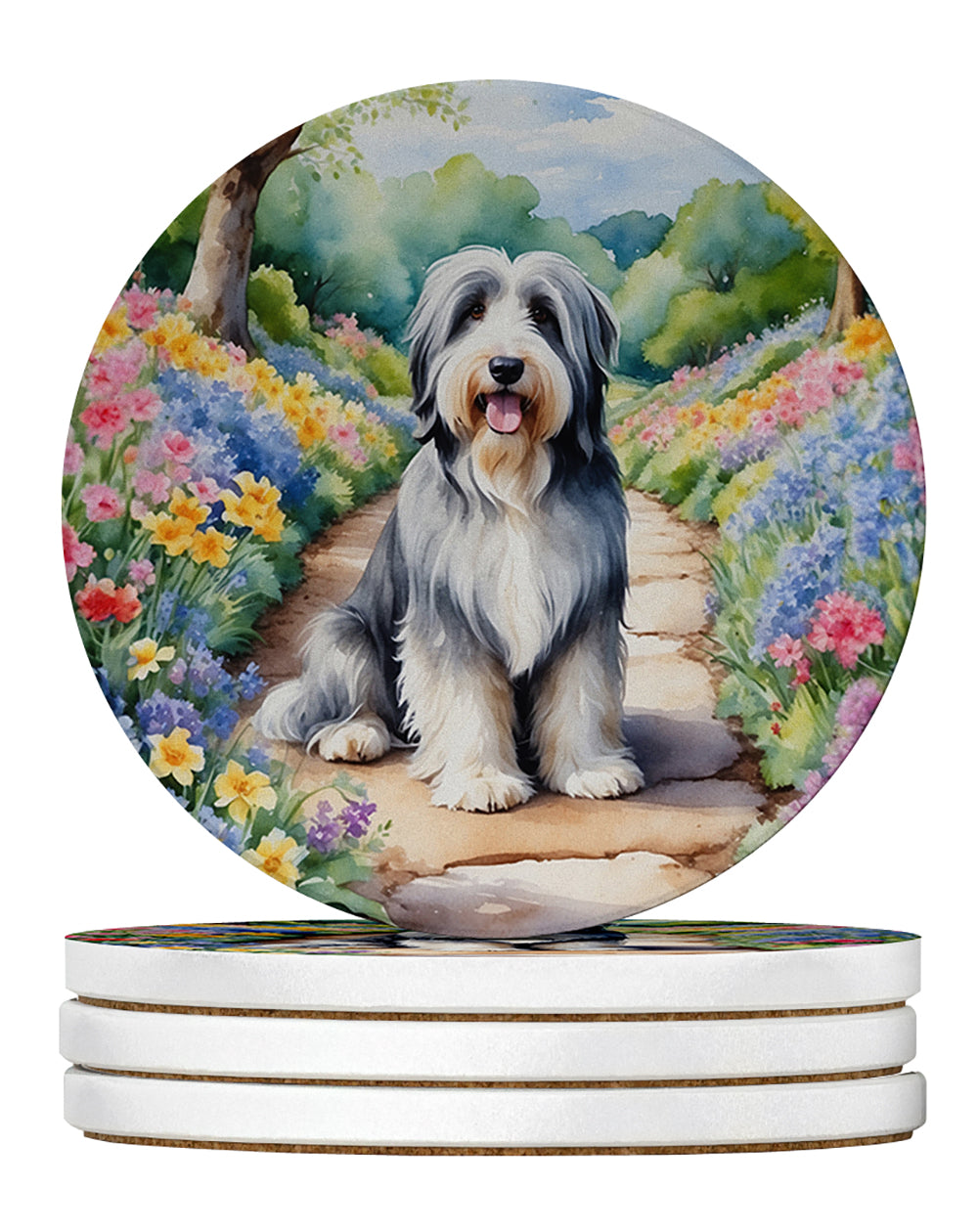 Bearded Collie Spring Garden Large Sandstone Coasters Pack of 4 Absorbent Round Coasters Decor Gifts for Men or Women, 4 in, Multicolor