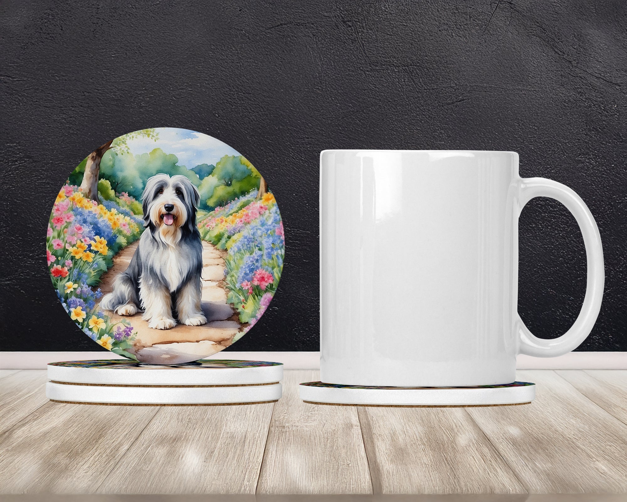 Bearded Collie Spring Garden Large Sandstone Coasters Pack of 4 Absorbent Round Coasters Decor Gifts for Men or Women, 4 in, Multicolor