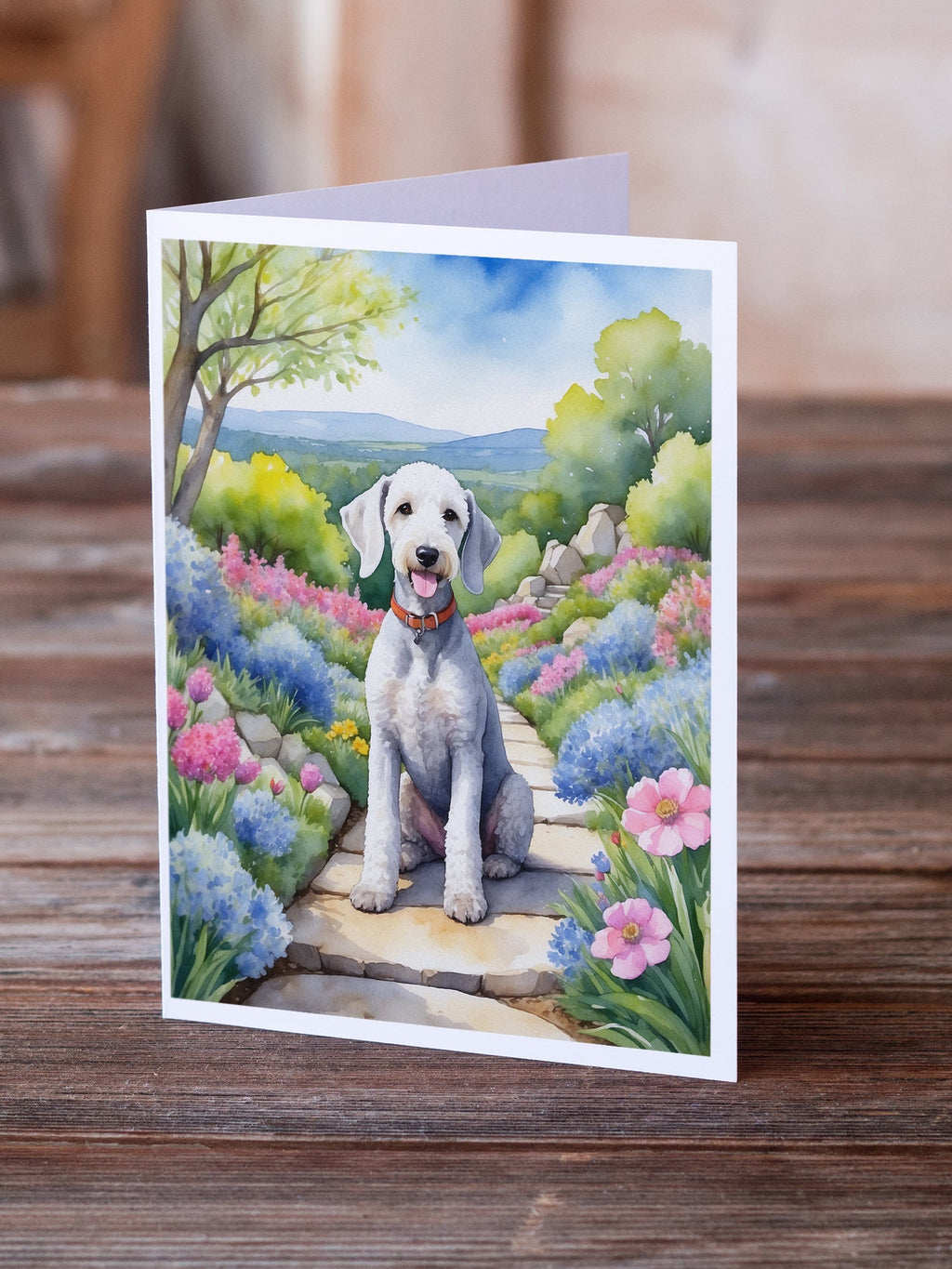 Bedlington Terrier Spring Garden Greeting Cards Pack of 8 Blank Cards with Envelopes Whimsical A7 Size 5x7