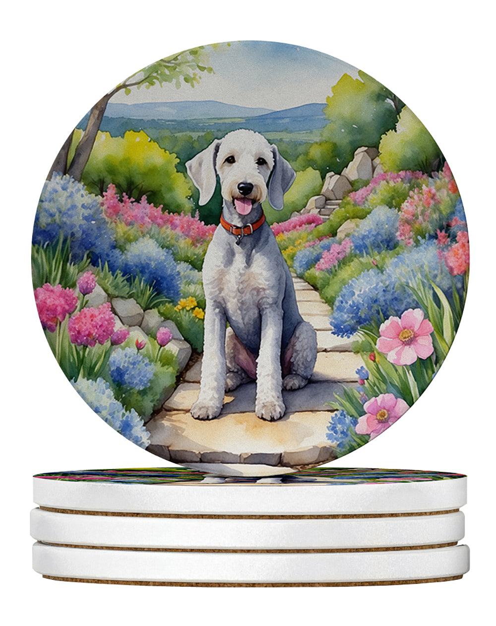 Bedlington Terrier Spring Garden Large Sandstone Coasters Pack of 4 Absorbent Round Coasters Decor Gifts for Men or Women, 4 in, Multicolor
