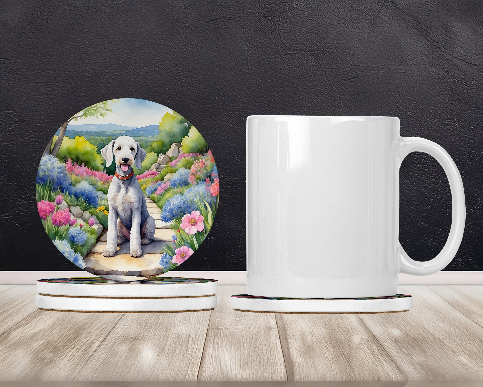 Bedlington Terrier Spring Garden Large Sandstone Coasters Pack of 4 Absorbent Round Coasters Decor Gifts for Men or Women, 4 in, Multicolor