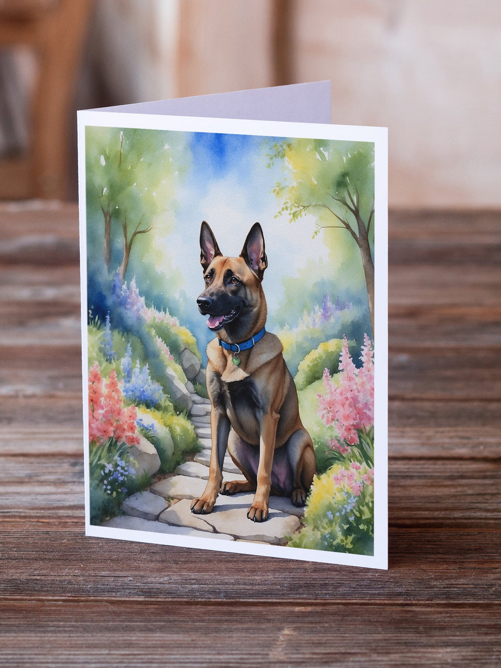 Belgian Malinois Spring Garden Greeting Cards Pack of 8 Blank Cards with Envelopes Whimsical A7 Size 5x7