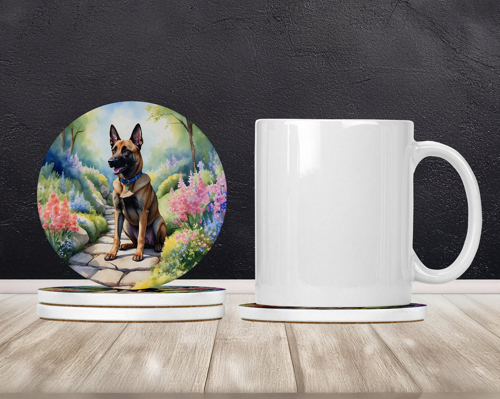 Belgian Malinois Spring Garden Large Sandstone Coasters Pack of 4 Absorbent Round Coasters Decor Gifts for Men or Women, 4 in, Multicolor