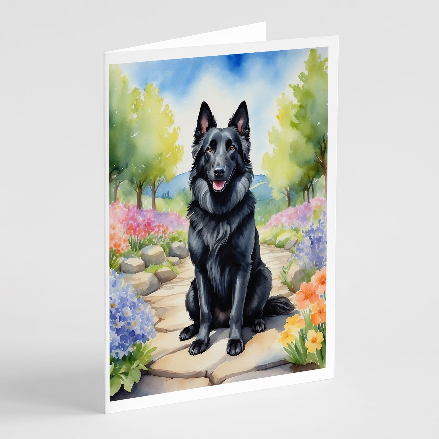 Belgian Sheepdog Spring Path Greeting Cards Pack of 8 Blank Cards with Envelopes Whimsical A7 Size 5x7