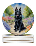 Belgian Sheepdog Spring Path Large Sandstone Coasters Pack of 4 Absorbent Round Coasters Decor Gifts for Men or Women, 4 in, Multicolor
