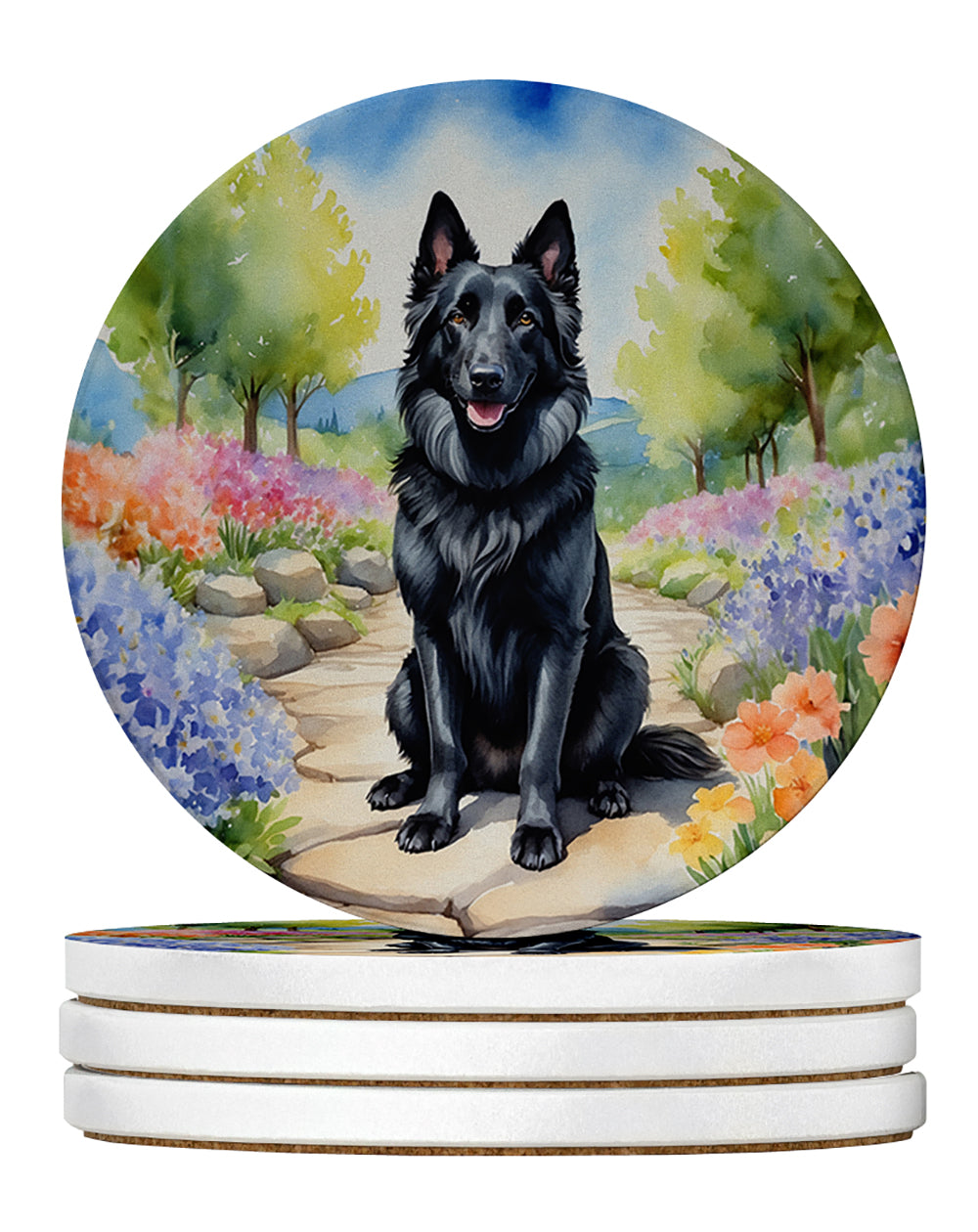 Belgian Sheepdog Spring Path Large Sandstone Coasters Pack of 4 Absorbent Round Coasters Decor Gifts for Men or Women, 4 in, Multicolor