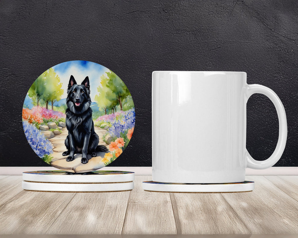 Belgian Sheepdog Spring Path Large Sandstone Coasters Pack of 4 Absorbent Round Coasters Decor Gifts for Men or Women, 4 in, Multicolor