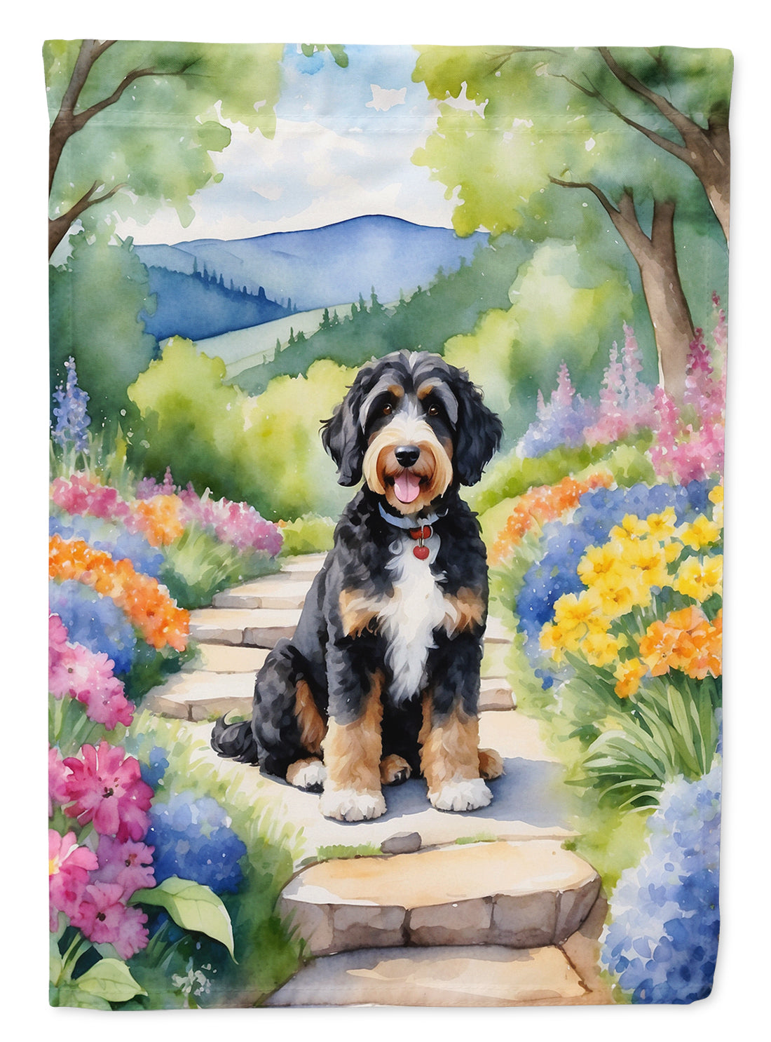 Bernedoodle Spring Path House Flag 28x40 Porch Sleeve Pole Decorative Outside Yard Banner Artwork Wall Hanging, Polyester