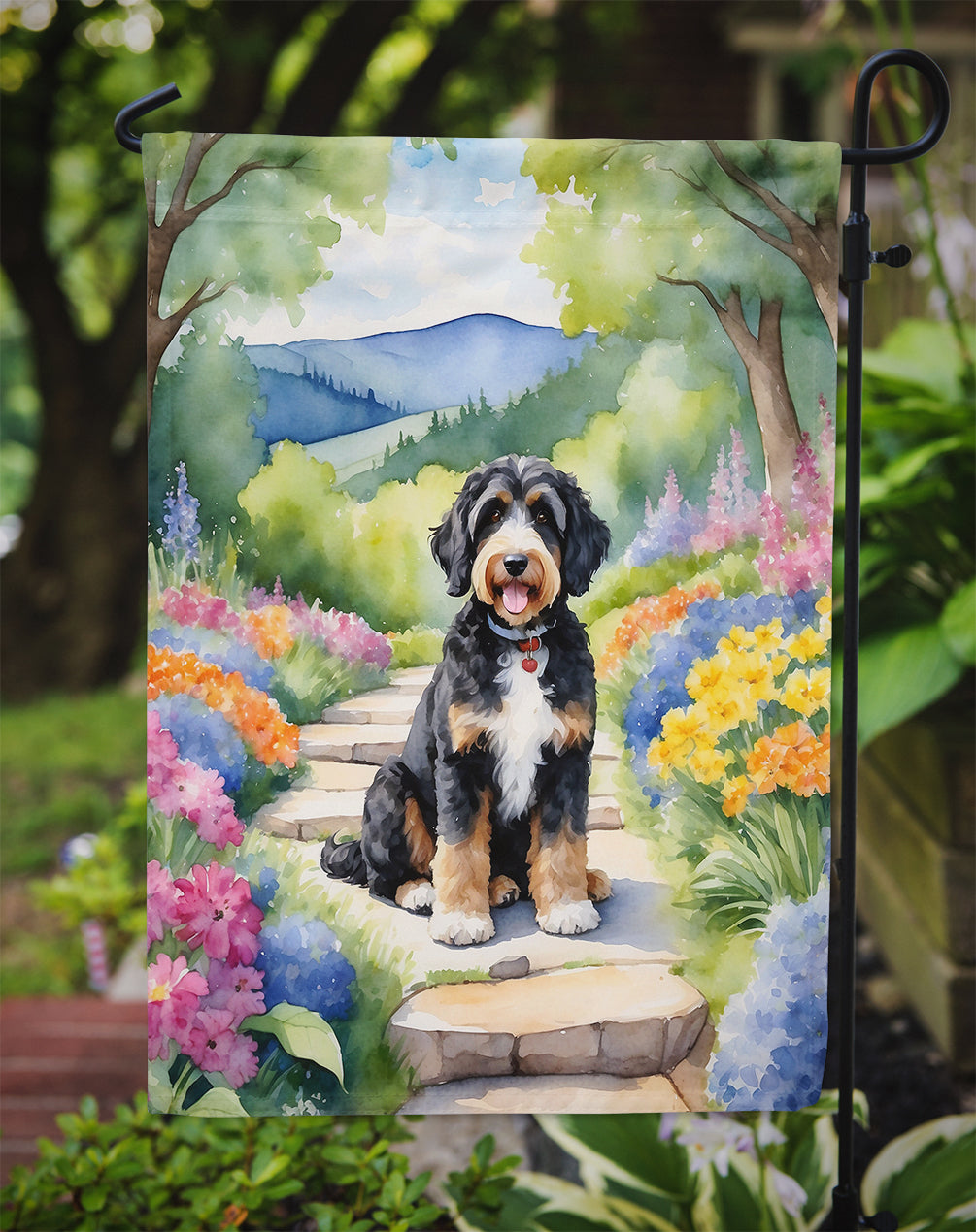 Bernedoodle Spring Path Garden Flag Mailbox Decorative Yard Banner Outside Patio Artwork for Flower Beds, Garden Size, Multicolor