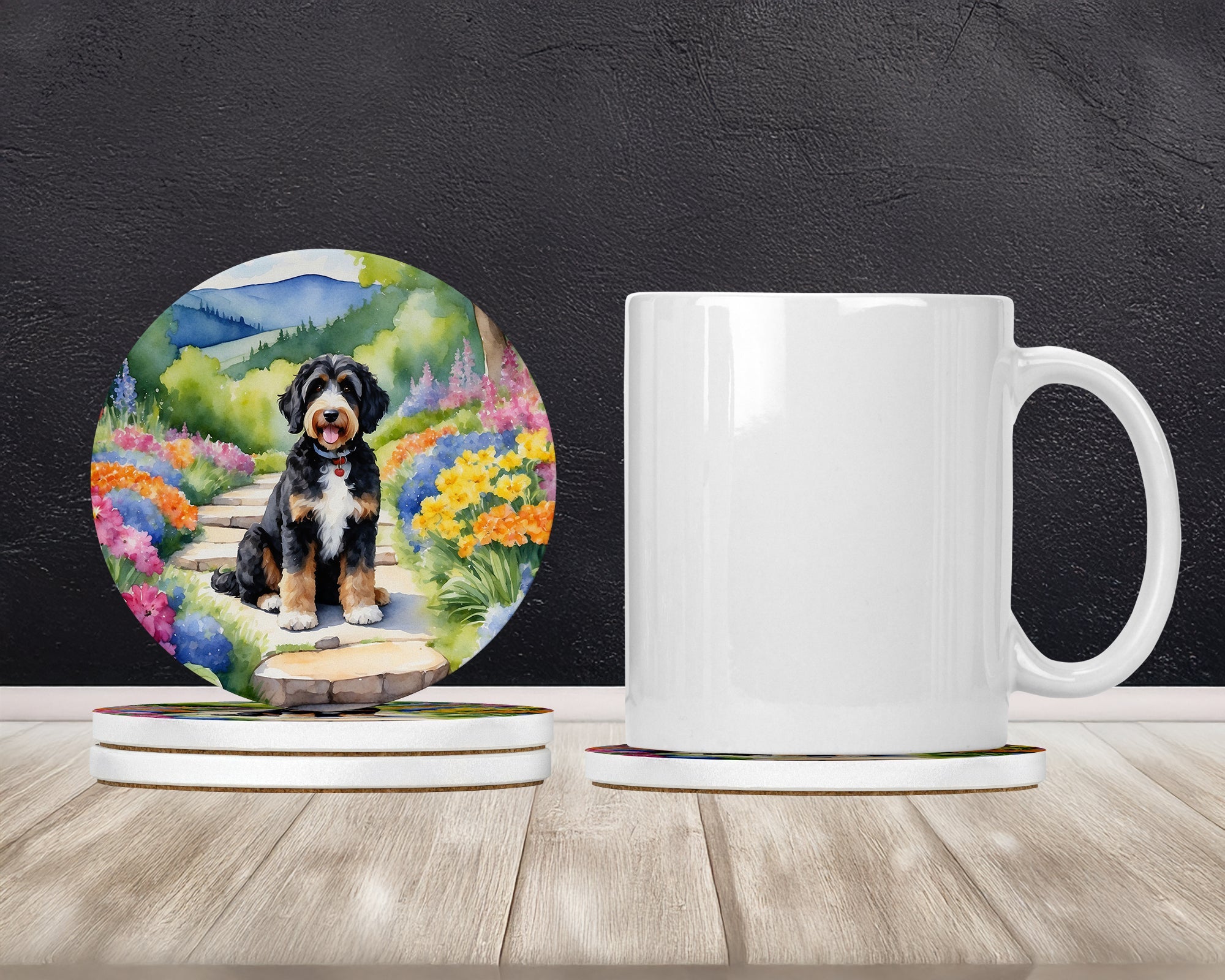 Bernedoodle Spring Path Large Sandstone Coasters Pack of 4 Absorbent Round Coasters Decor Gifts for Men or Women, 4 in, Multicolor