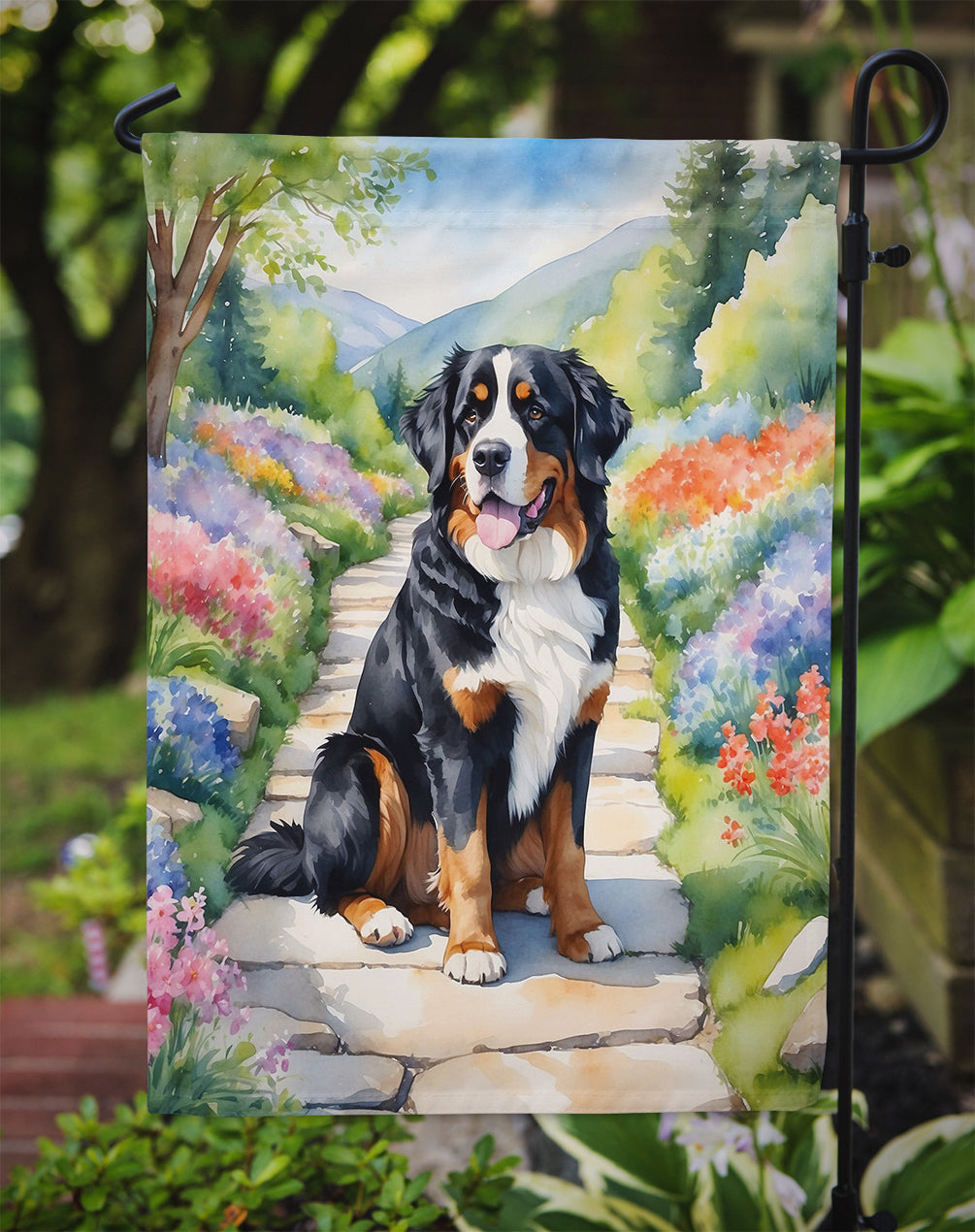 Bernese Mountain Dog Spring Path Garden Flag Mailbox Decorative Yard Banner Outside Patio Artwork for Flower Beds, Garden Size, Multicolor