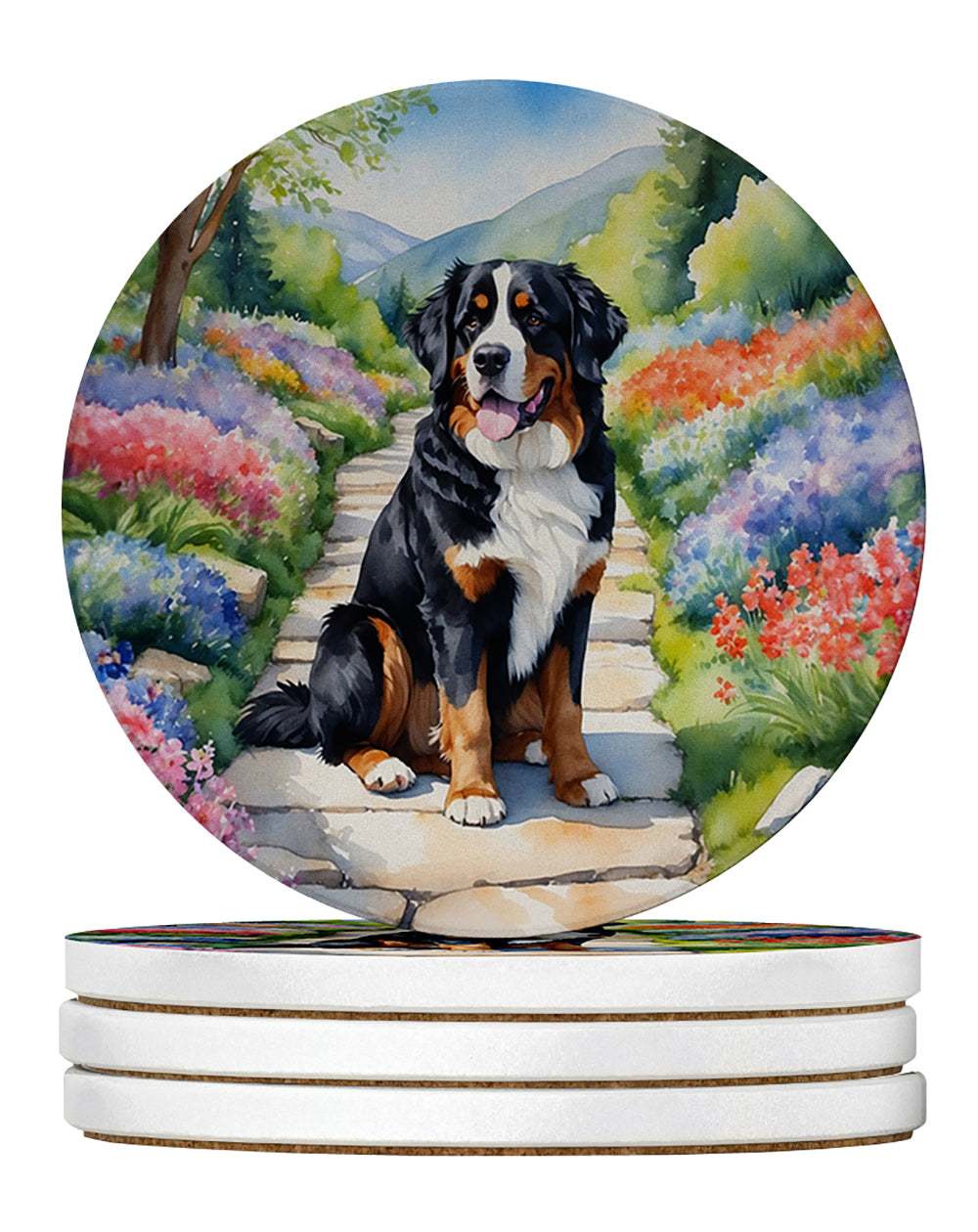 Bernese Mountain Dog Spring Path Large Sandstone Coasters Pack of 4 Absorbent Round Coasters Decor Gifts for Men or Women, 4 in, Multicolor