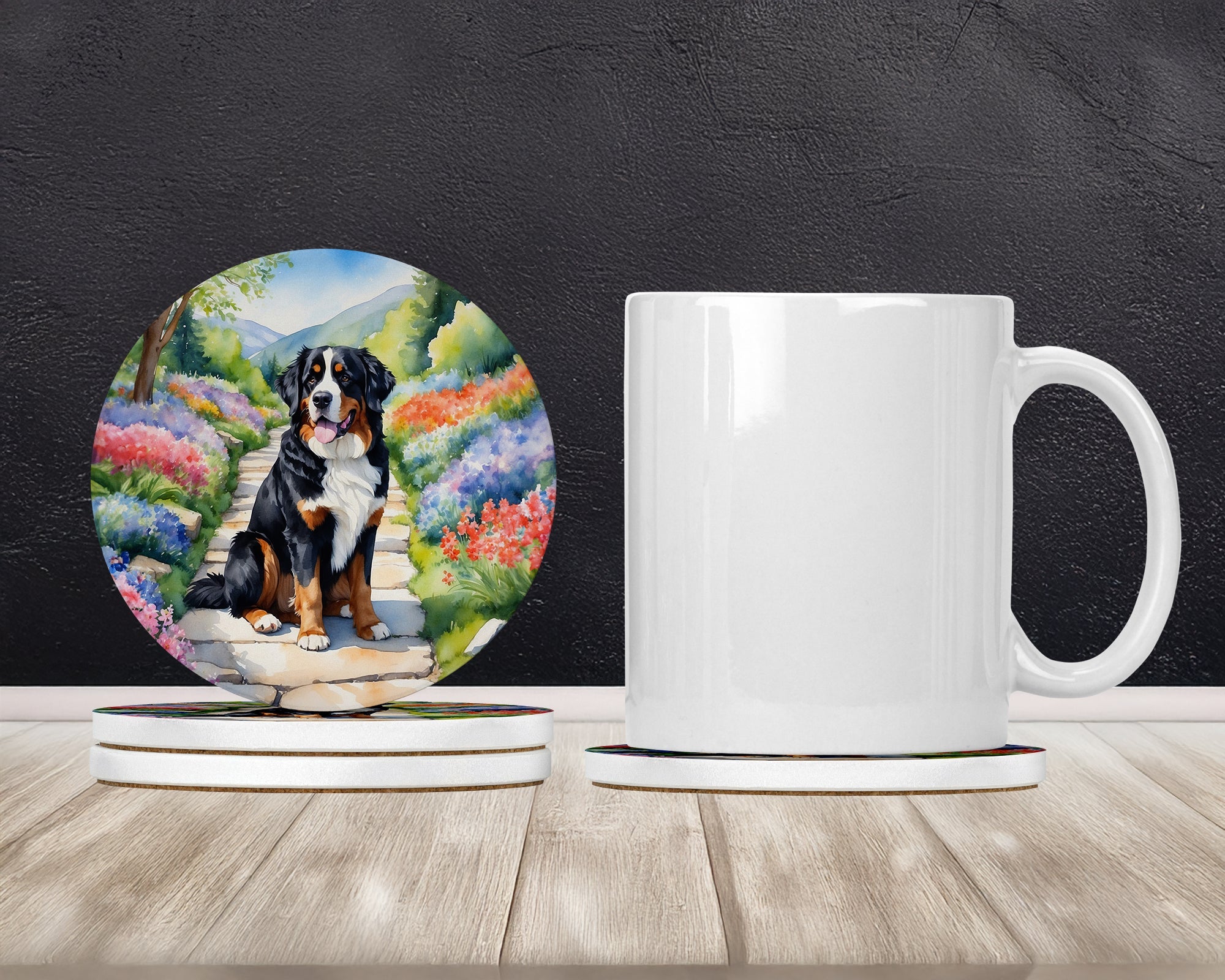 Bernese Mountain Dog Spring Path Large Sandstone Coasters Pack of 4 Absorbent Round Coasters Decor Gifts for Men or Women, 4 in, Multicolor
