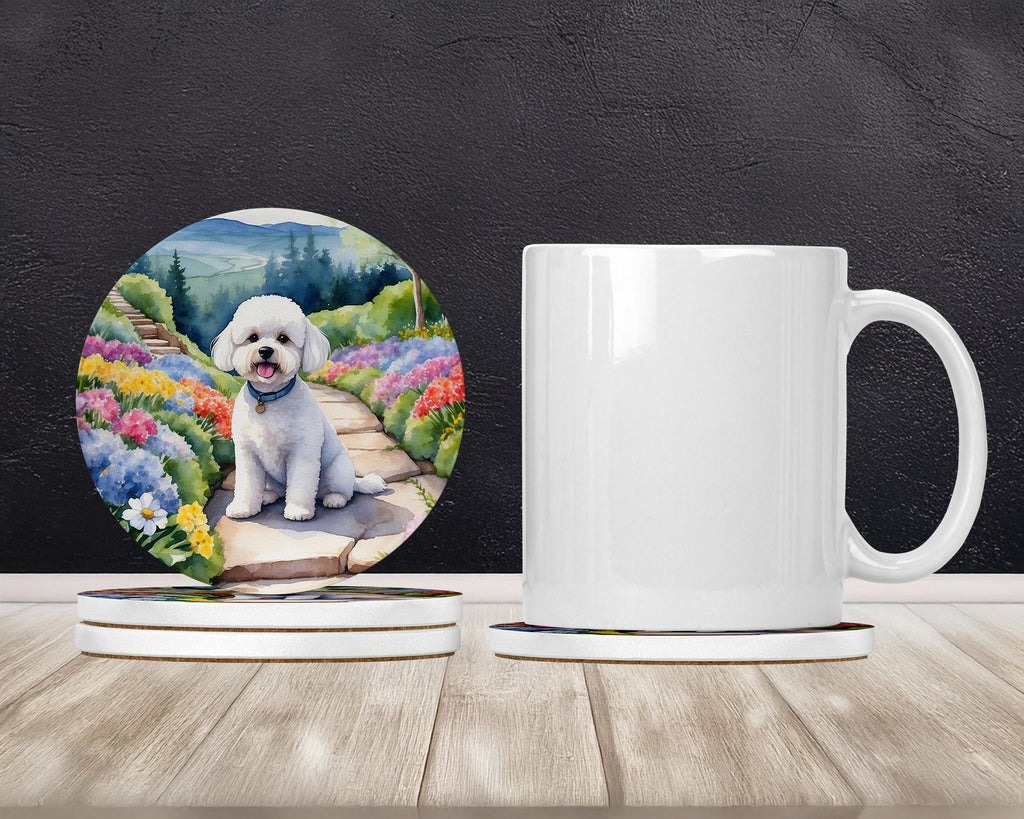 Bichon Frise Spring Path Large Sandstone Coasters Pack of 4 Absorbent Round Coasters Decor Gifts for Men or Women, 4 in, Multicolor