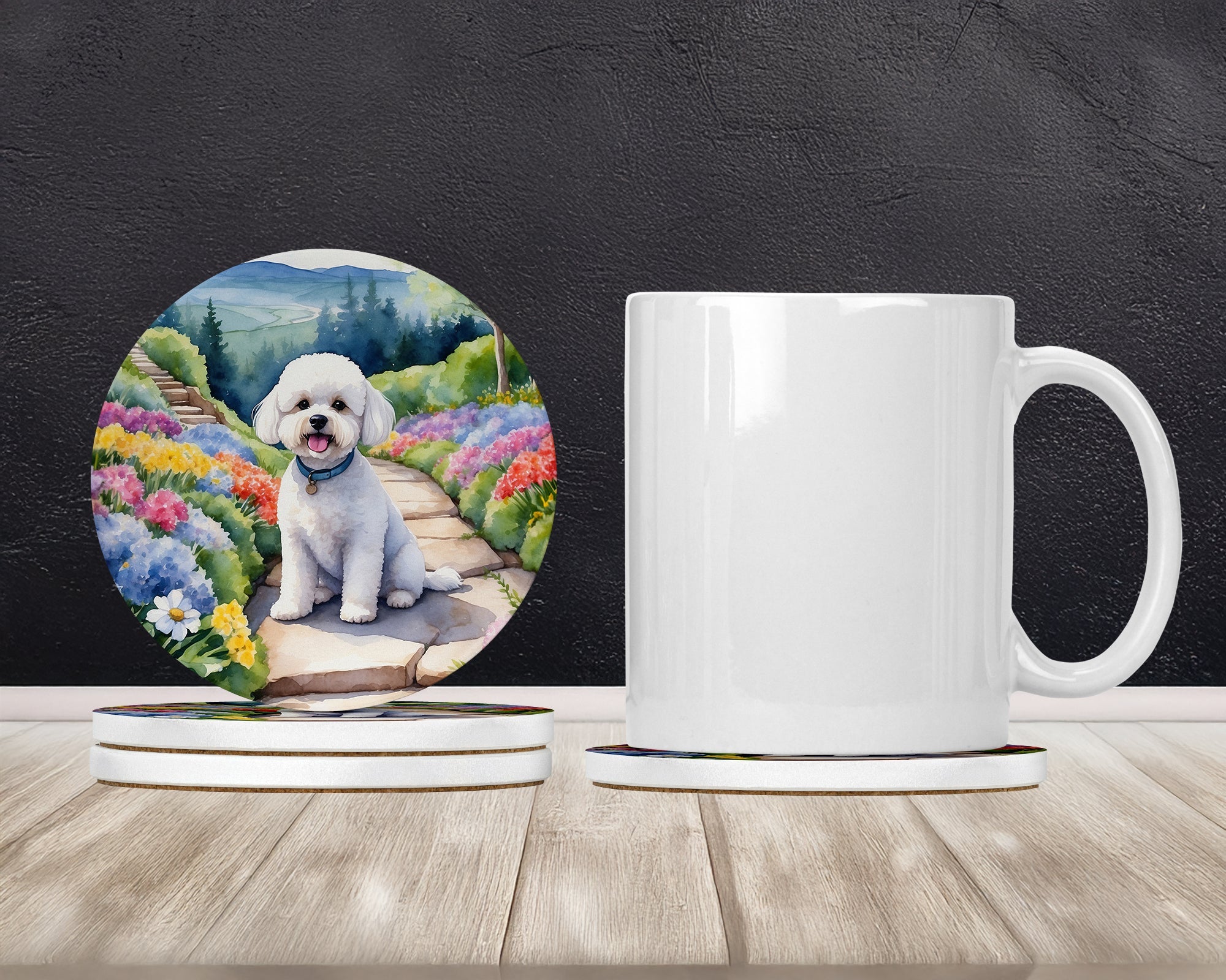 Bichon Frise Spring Path Large Sandstone Coasters Pack of 4 Absorbent Round Coasters Decor Gifts for Men or Women, 4 in, Multicolor