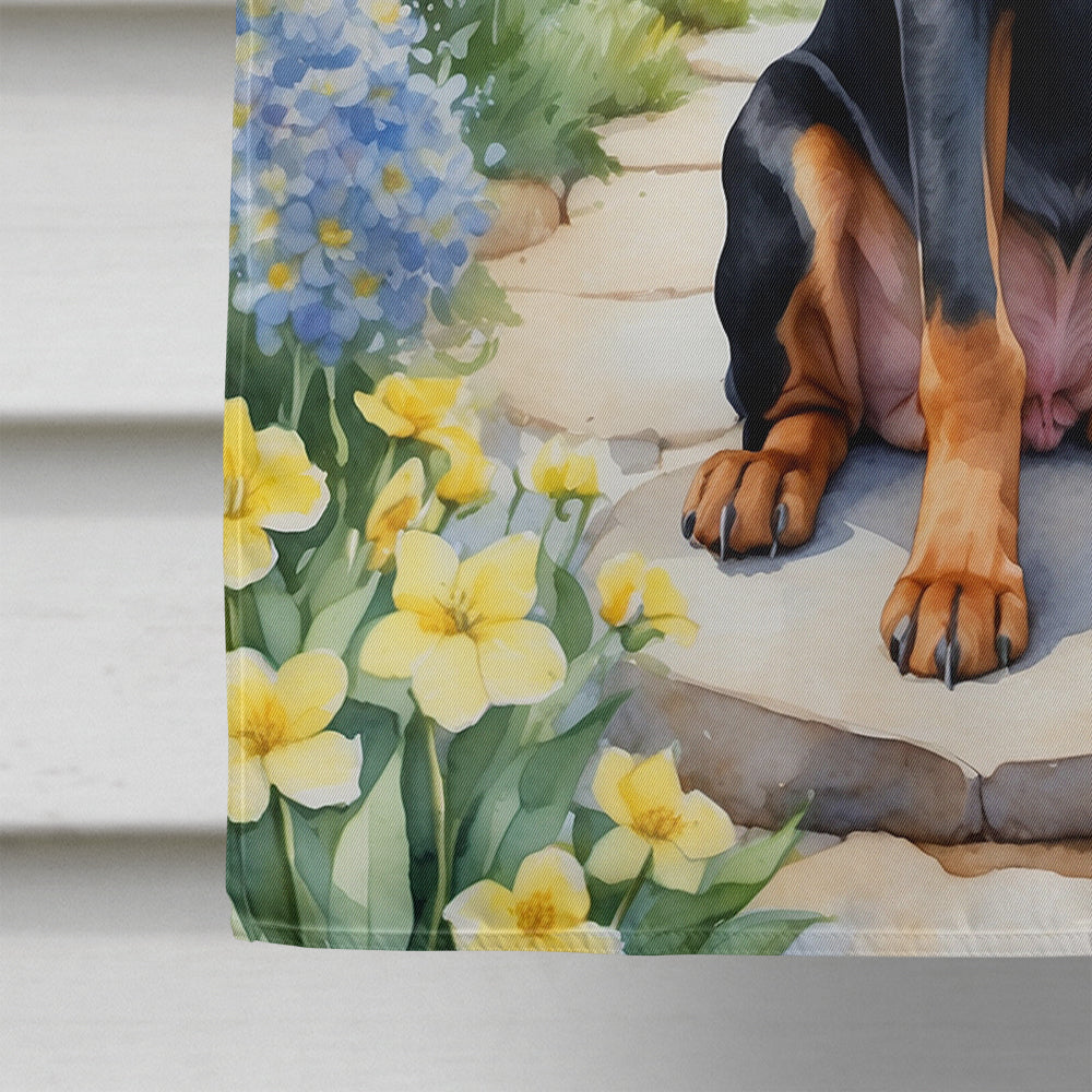 Black and Tan Coonhound Spring Path House Flag 28x40 Porch Sleeve Pole Decorative Outside Yard Banner Artwork Wall Hanging, Polyester