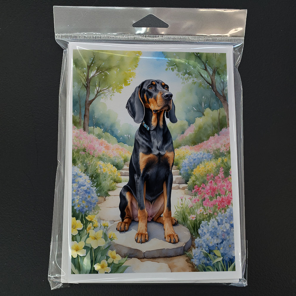 Black and Tan Coonhound Spring Path Greeting Cards Pack of 8 Blank Cards with Envelopes Whimsical A7 Size 5x7