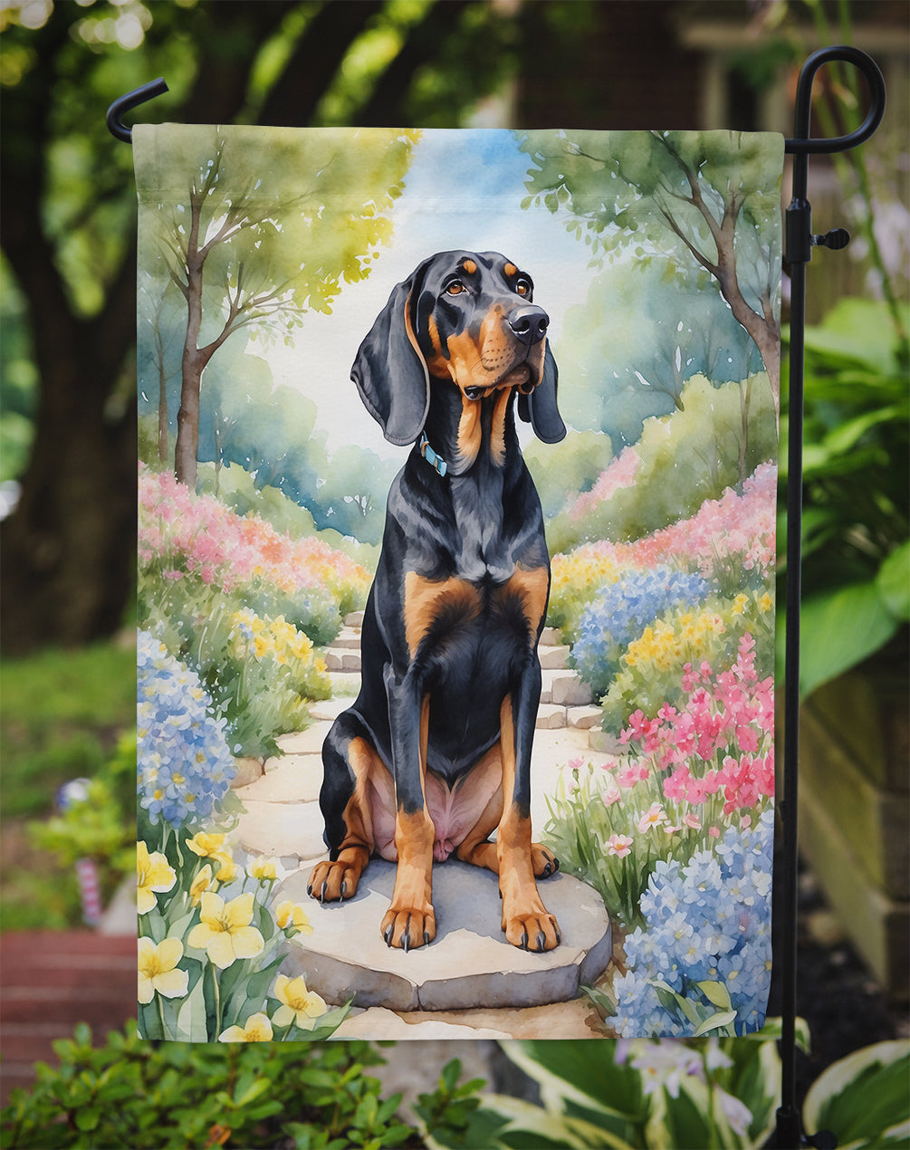 Black and Tan Coonhound Spring Path Garden Flag Mailbox Decorative Yard Banner Outside Patio Artwork for Flower Beds, Garden Size, Multicolor