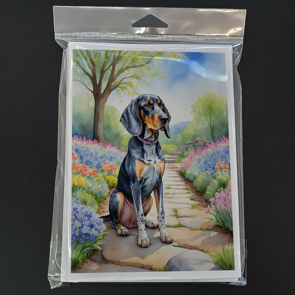 Bluetick Coonhound Spring Path Greeting Cards Pack of 8 Blank Cards with Envelopes Whimsical A7 Size 5x7