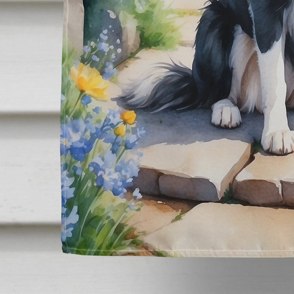 Border Collie Spring Path House Flag 28x40 Porch Sleeve Pole Decorative Outside Yard Banner Artwork Wall Hanging, Polyester