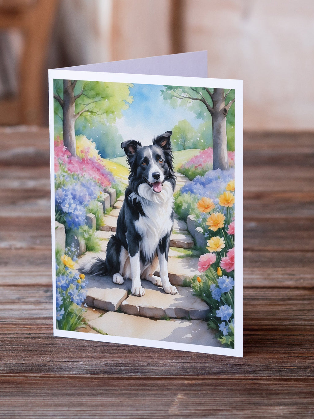 Border Collie Spring Path Greeting Cards Pack of 8 Blank Cards with Envelopes Whimsical A7 Size 5x7