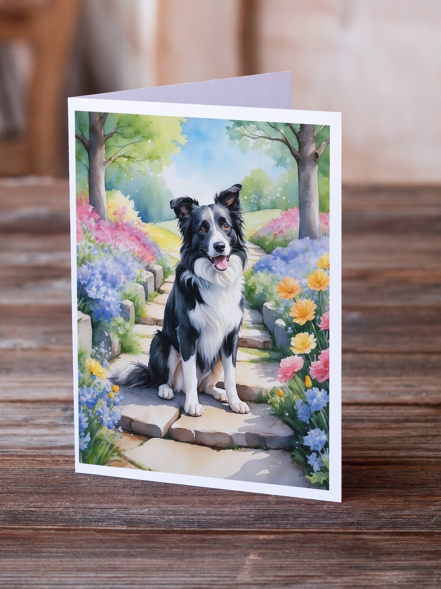 Border Collie Spring Path Greeting Cards Pack of 8 Blank Cards with Envelopes Whimsical A7 Size 5x7