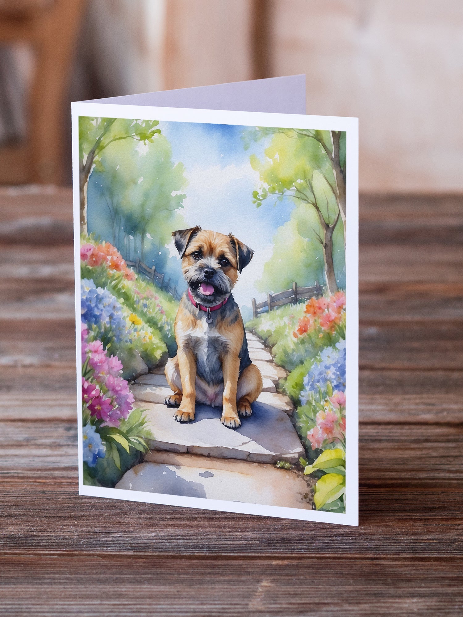 Border Terrier Spring Path Greeting Cards Pack of 8 Blank Cards with Envelopes Whimsical A7 Size 5x7