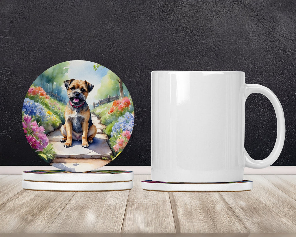 Border Terrier Spring Path Large Sandstone Coasters Pack of 4 Absorbent Round Coasters Decor Gifts for Men or Women, 4 in, Multicolor