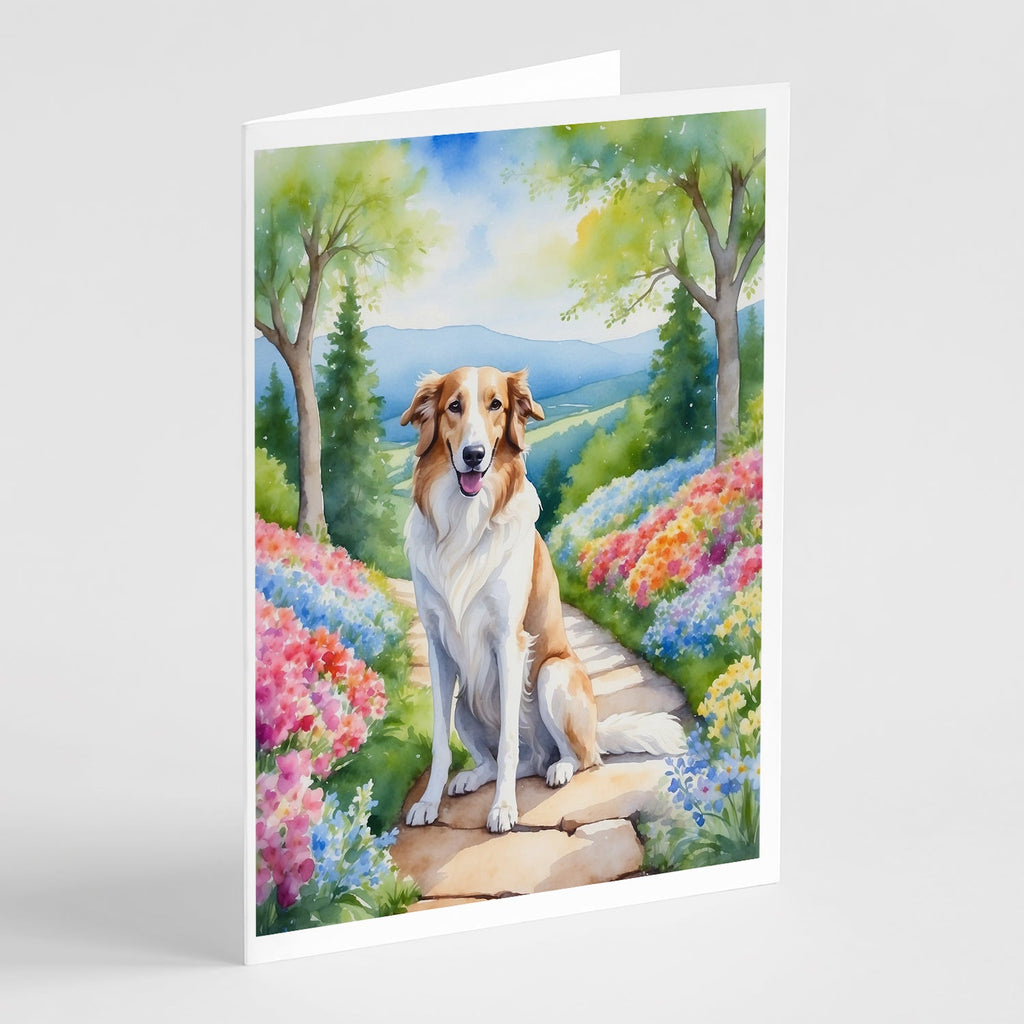 Borzoi Spring Path Greeting Cards Pack of 8 Blank Cards with Envelopes Whimsical A7 Size 5x7