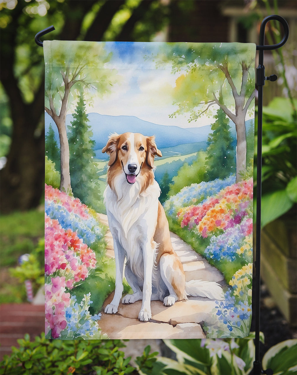 Borzoi Spring Path Garden Flag Mailbox Decorative Yard Banner Outside Patio Artwork for Flower Beds, Garden Size, Multicolor