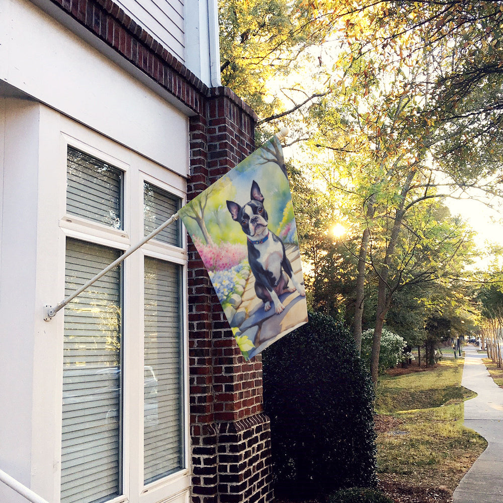 Boston Terrier Spring Path House Flag 28x40 Porch Sleeve Pole Decorative Outside Yard Banner Artwork Wall Hanging, Polyester