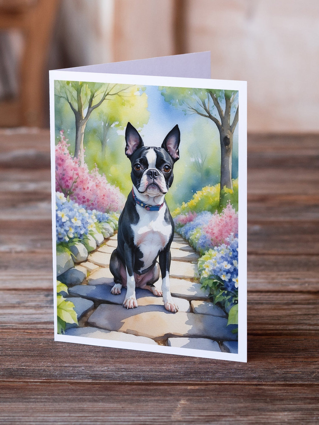 Boston Terrier Spring Path Greeting Cards Pack of 8 Blank Cards with Envelopes Whimsical A7 Size 5x7