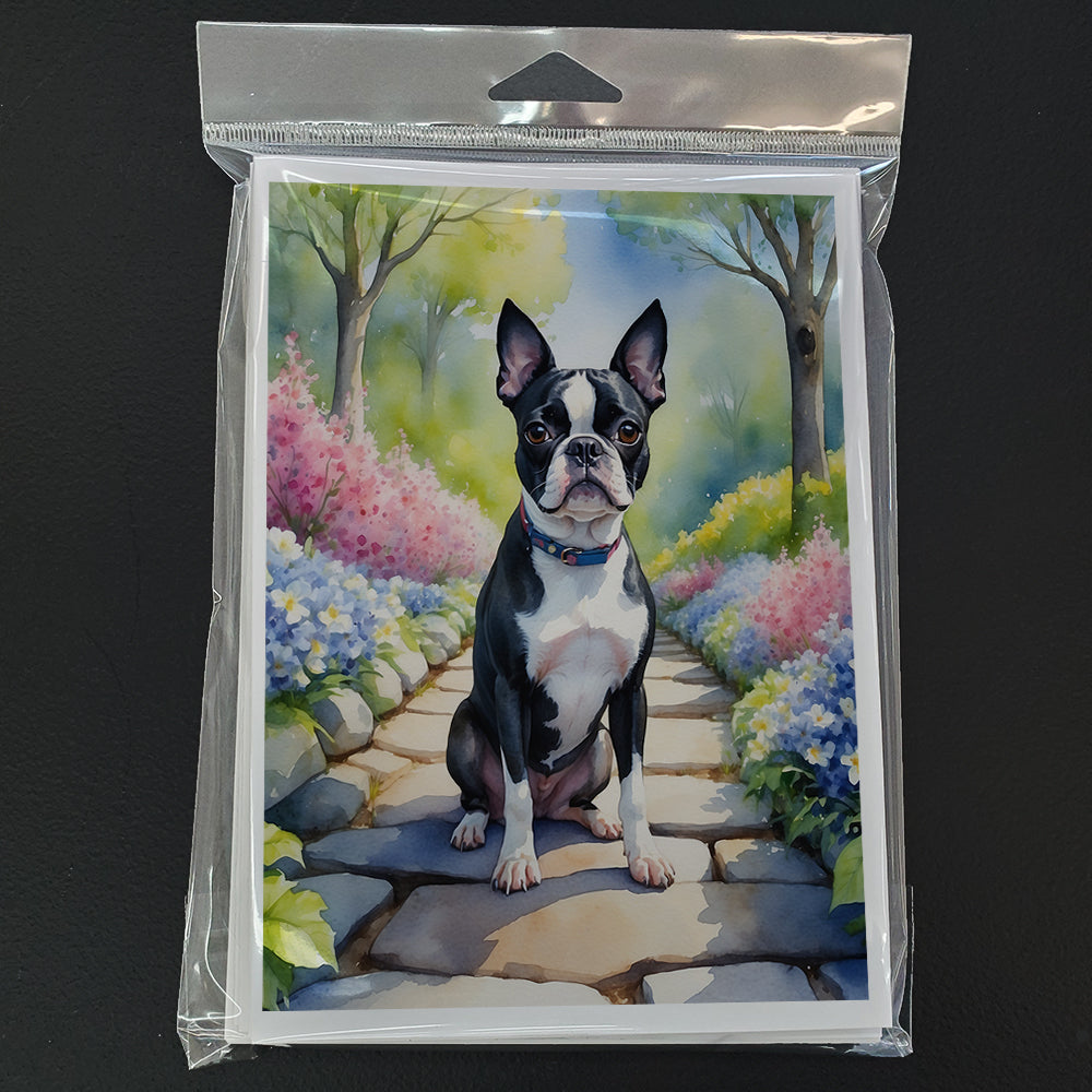 Boston Terrier Spring Path Greeting Cards Pack of 8 Blank Cards with Envelopes Whimsical A7 Size 5x7