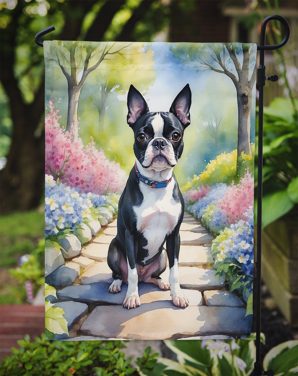 Boston Terrier Spring Path Garden Flag Mailbox Decorative Yard Banner Outside Patio Artwork for Flower Beds, Garden Size, Multicolor