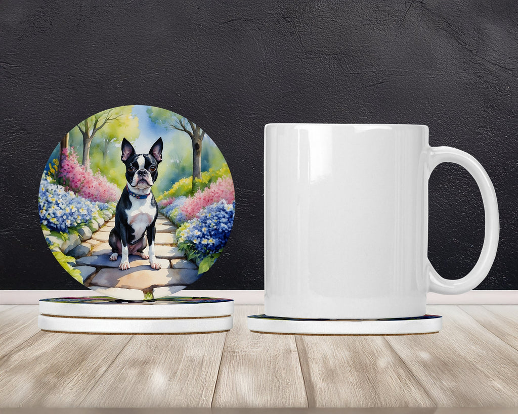 Boston Terrier Spring Path Large Sandstone Coasters Pack of 4 Absorbent Round Coasters Decor Gifts for Men or Women, 4 in, Multicolor