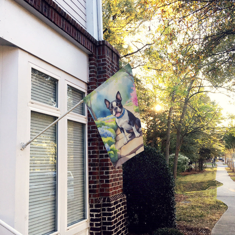 Boston Terrier Spring Path House Flag 28x40 Porch Sleeve Pole Decorative Outside Yard Banner Artwork Wall Hanging, Polyester