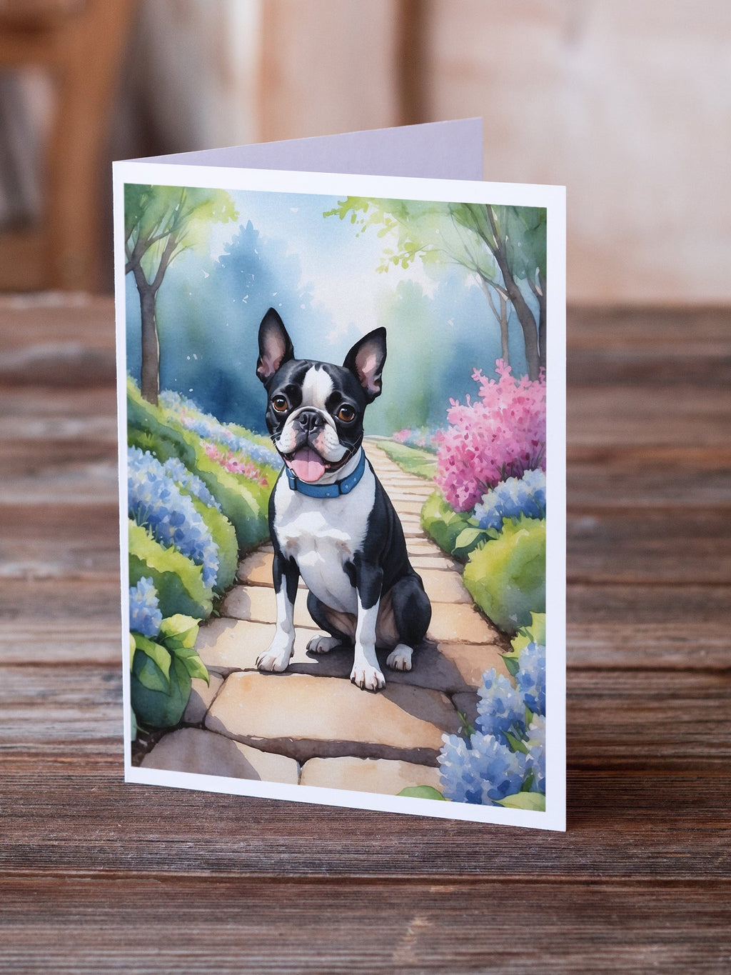 Boston Terrier Spring Path Greeting Cards Pack of 8 Blank Cards with Envelopes Whimsical A7 Size 5x7